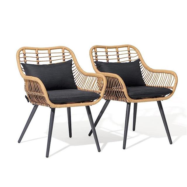 JOIVI Outdoor Wicker Chairs Set of 2, Patio Rattan Dining Porch Chairs with Cushions and Armrest for Outside Lawn, Balcony, Garden, Black