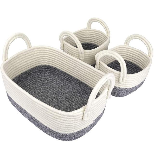 LA JOLIE MUSE 14 Inch Cotton Rope Woven Storage Basket Set of 3, Multipurpose Organizer Bins with Handles, White & Dark Gray