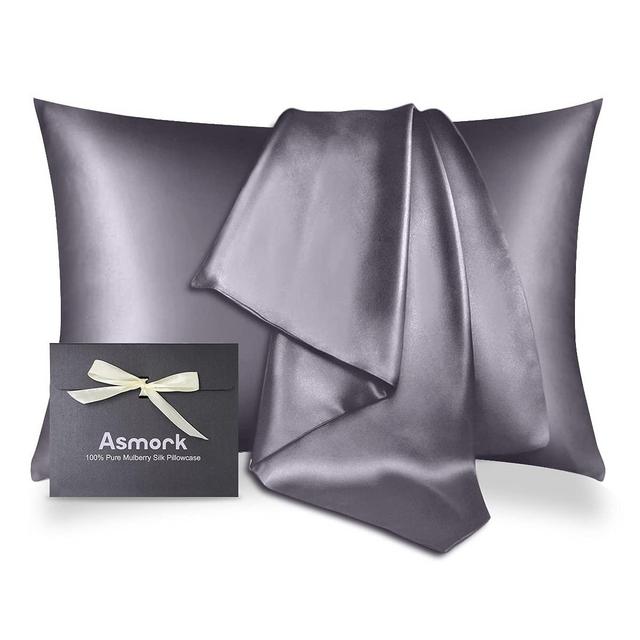 Asmork 100% Mulberry Silk Pillowcase for Hair and Skin, Both Side 19 Momme Real Silk, Hidden Zipper Washable Pure Silk Bed Pillowcase Covers, Envelope Gift Box,1PC (Iron Gray, King 20''×36'')