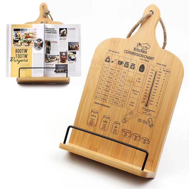 Cookbook Stand, Wooden Cookbook Holder with Measurement Conversion Chart, Adjustable Cook Book Stand for Kitchen Counter, Recipe Book Holder Stand