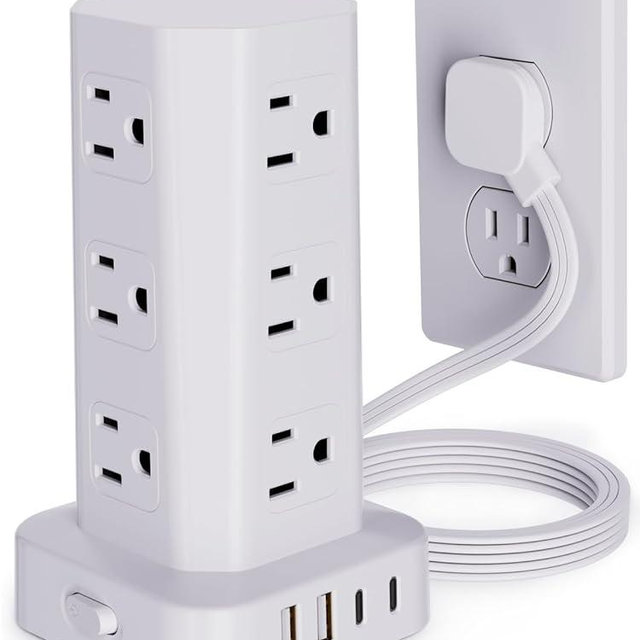 Power Strip Tower Surge Protector, 6FT Flat Plug Extension Cord with Multiple Outlets, 12 AC Outlets 4 USB (2 USB C), Desktop Charging Station with Surge Protection for Home Office Dorm Room, White