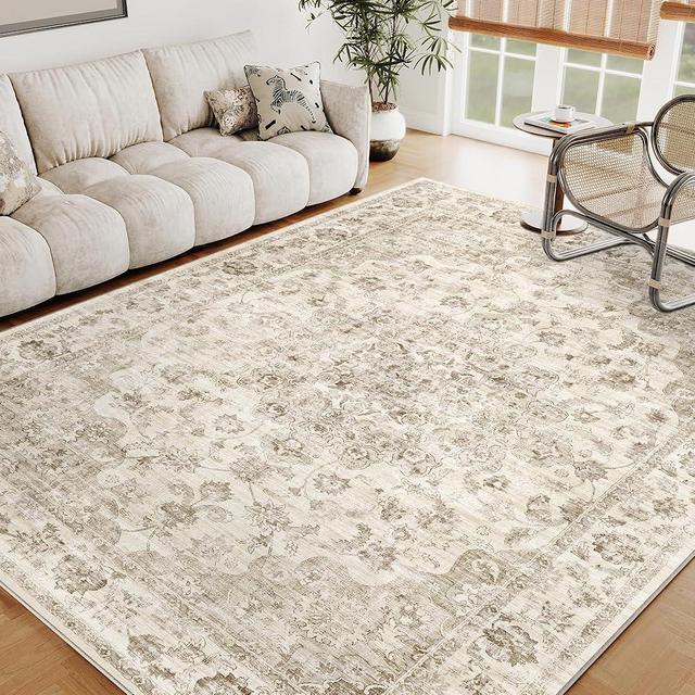 WondRg 5x7 Washable Neutral Area Rug Beige Floral Living Room Bedroom Carpet Non-Slip Low Pile Vintage Soft Thin Throw Rug for Dining Room Entryway Dorm Office Kitchen Bathroom