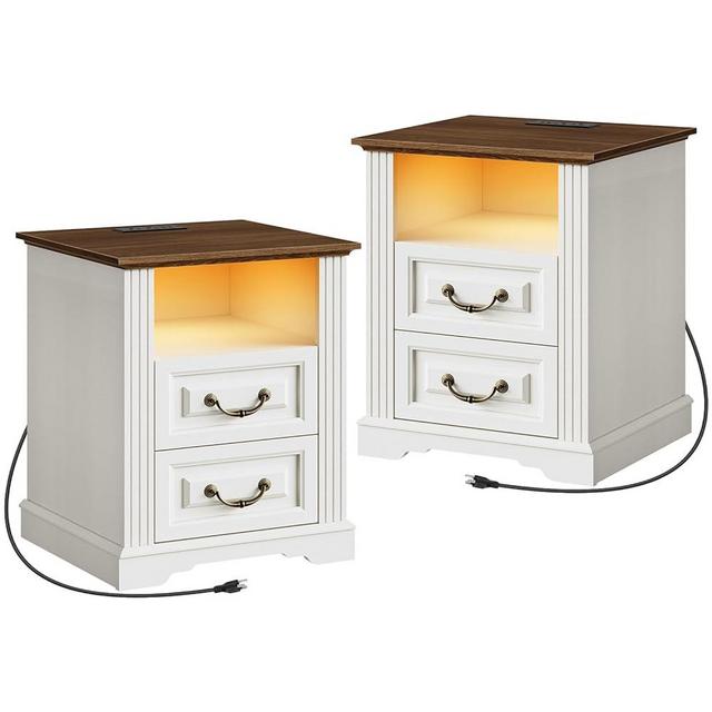 RALGEND Farmhouse Night Stands Set of 2, Nightstand with Charging Station, LED End Tables with 2 Drawers, Wooden Rustic Sofa Side Tables, Bedside Tables for Bedroom, Living Room, White and Walnut