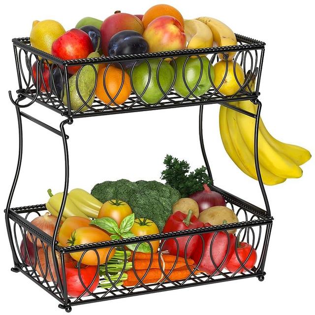 XYZLVSI 2-Tier Countertop Fruit Basket Bowl Vegetable Storage Holder for Kitchen, 13.8-Inch, Iron Black