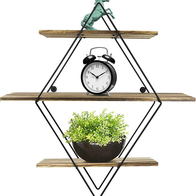Greenco Geometric Diamond Shaped 3 Tier Mounted Floating, Home Decor, Metal Wire and Rustic Wood Wall Storage Shelves for Bedroom, Living Room, Bathroom, Kitchen, Office etc