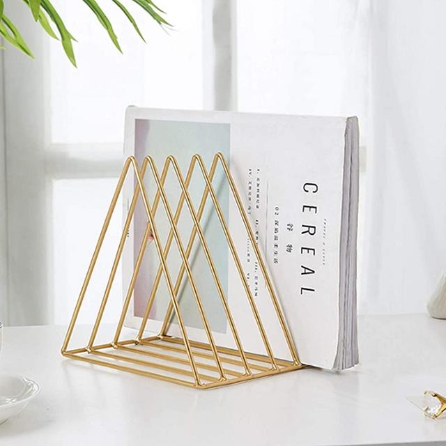 Triangle File Holder,5 Slot Metal Vinyl Record Stand Holder Magazine Newspaper Holder Photography Props for Office Home 1 Pc (Gold)