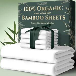 DECOLURE 100% Organic Viscose Derived from Bamboo Sheets King Size 6pcs - Ultra Soft & Luxuriously Cooling, 17" Deep Pocket, Double Stitching, Perfect for Hot Sleepers - King Bed Sheets (White)