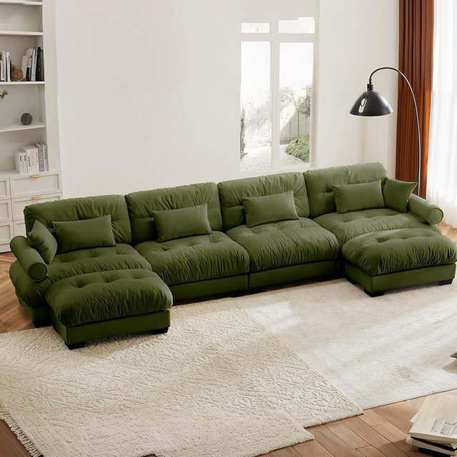 166" Oversized Couch, 4 Seater Modular Sectional Sofa, Olive Large L Shaped Sectional Couches for Living Room, Velvet Cloud Couch with Ottoman, L Shaped