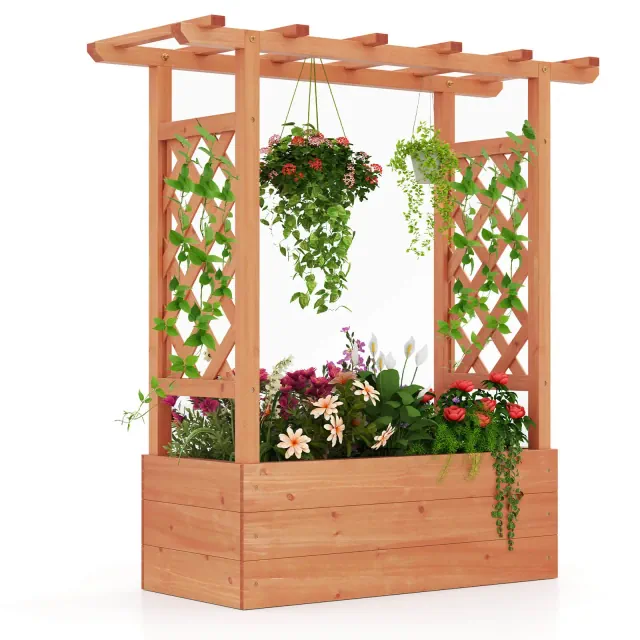 Costway 1 PCS Wooden Raised Garden Bed with Trellis & Hanging Roof Drainage Elevated Planter Box