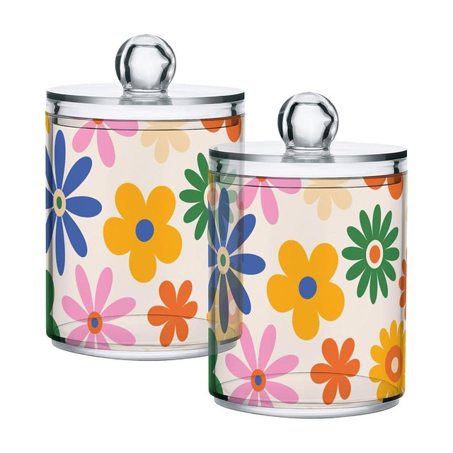 Fustylead 2 Pack Groovy Vibrant Bohemian Colorful Daisy Flowers Qtip Holder Dispensers, Bathroom Storage Canister Plastic Apothecary Jar Set for Cotton Swabs, Ball, Pads, Floss
