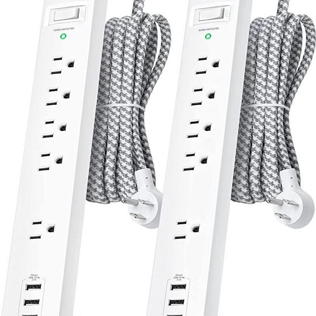 Surge Protector Power Strip - 10 FT Long Extension Cord with 5 Widely AC Outlets 3 USB Ports, Power Strip Long Cord, Flat Plug with Overload Surge Protection for Home, Office, Dorm Essentials (2 Pack)