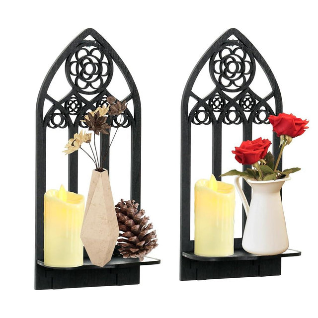 Zzbakress 2 Pcs Gothic Sconces Wall Decor - Black Goth Arched Church Wall Art Gothic Home Decor for Living Room, Kitchen, Dining Room (Elegant)