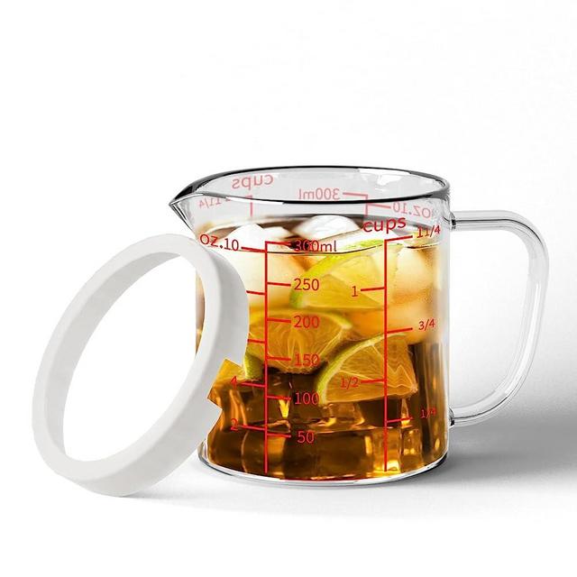 77L Glass Measuring Cup, 1 1/4-Cup/300 ML Liquid Measuring Cups, Measuring Cup With Handle and V-Shaped Spout, Glass Beaker with Three Scales (OZ, Cup, ML), Dishwasher/Freezer/Microwave Safe