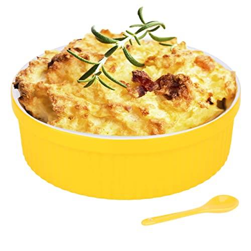 Souffle Dish Ramekins for Baking – 48 Oz, 1.5 Quart Large Ceramic Oven Safe Round Fluted Bowl with Mini Condiment Spoon for Soufflé Pot Pie Casserole Pasta Roasted Vegetables Baked Desserts (Yellow)