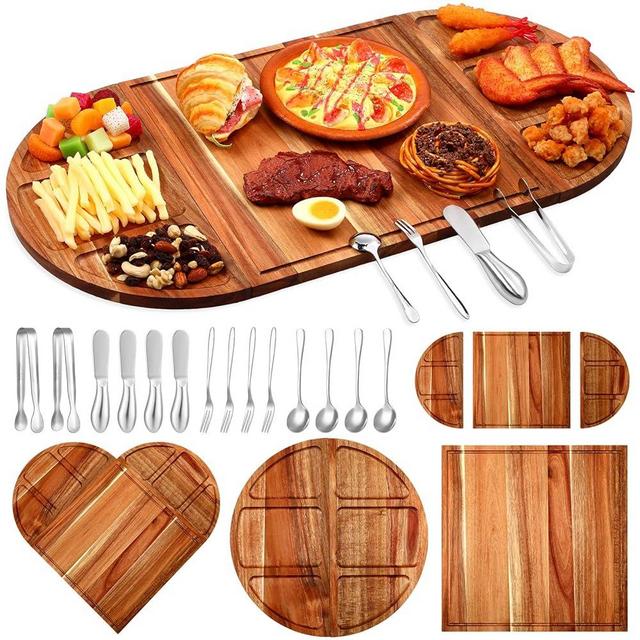 Tanlade 15 Pcs Magnetic Charcuterie Boards Set Including 26'' x 13'' Large Charcuterie Board Platter 4 Cheese Spreaders 4 Serving Spoons 4 Forks 2 Serving Tongs for Butter Food Pastry