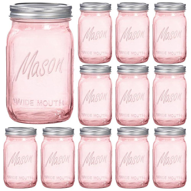 WELLIFE Pink Mason Jars 32 oz,12 Pack Wide Mouth Mason Jars for Safe Storage,Fermenting,Pickling,DIY,Crafts Decoration