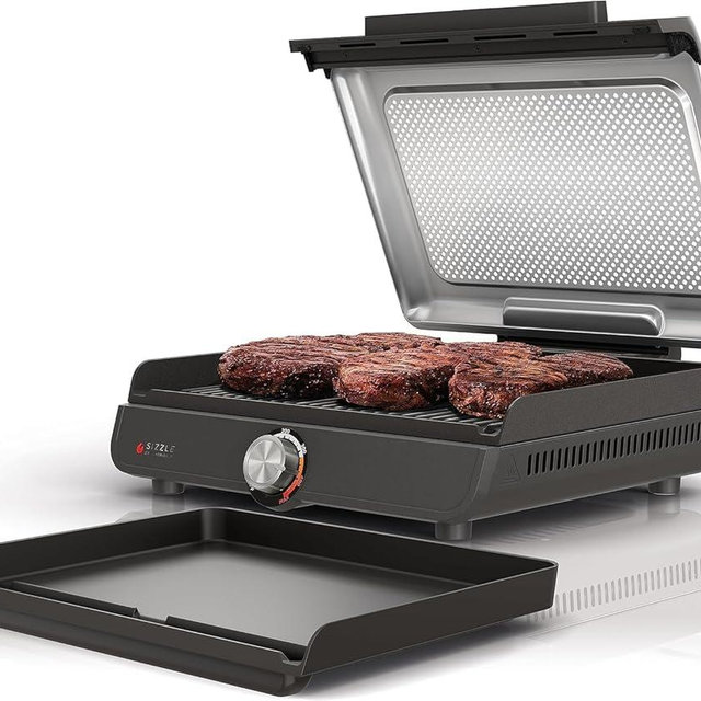 Ninja GR101 Sizzle Smokeless Indoor Grill & Griddle, 14" Interchangeable Nonstick Plates, 500°F Max Heat, Even Cooking, Removable Mesh Lid, Dishwasher-Safe, Includes Accessories, Grey/Silver