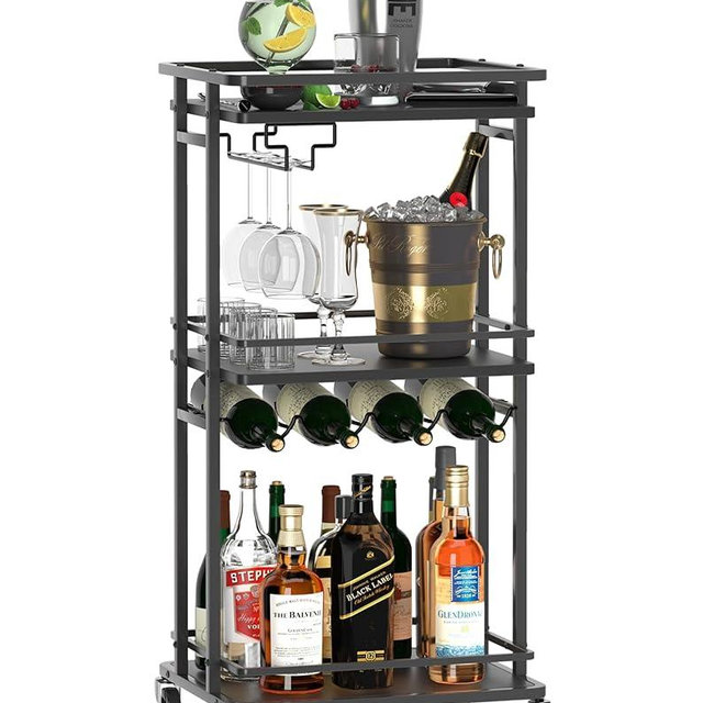 OKZEST 3 Tier Bar Cart for Home, Rolling Mini Liquor Bar Cabinet with Wine Rack and Glass Holder, Home Bar Serving Cart on Wheels for Dinner Party Wine Alcohol Drink, Bar Stand for Living Room Kitchen