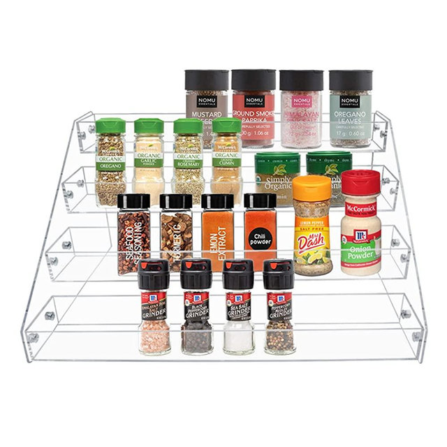 PMMASTO Tiered Spice Rack, Seasoning Organizer, Clear Acrylic Vertical Shelves Can Organizer for Countertop, Cabinet, Pantry, Kitchen Organization & Storage - 4 Tier
