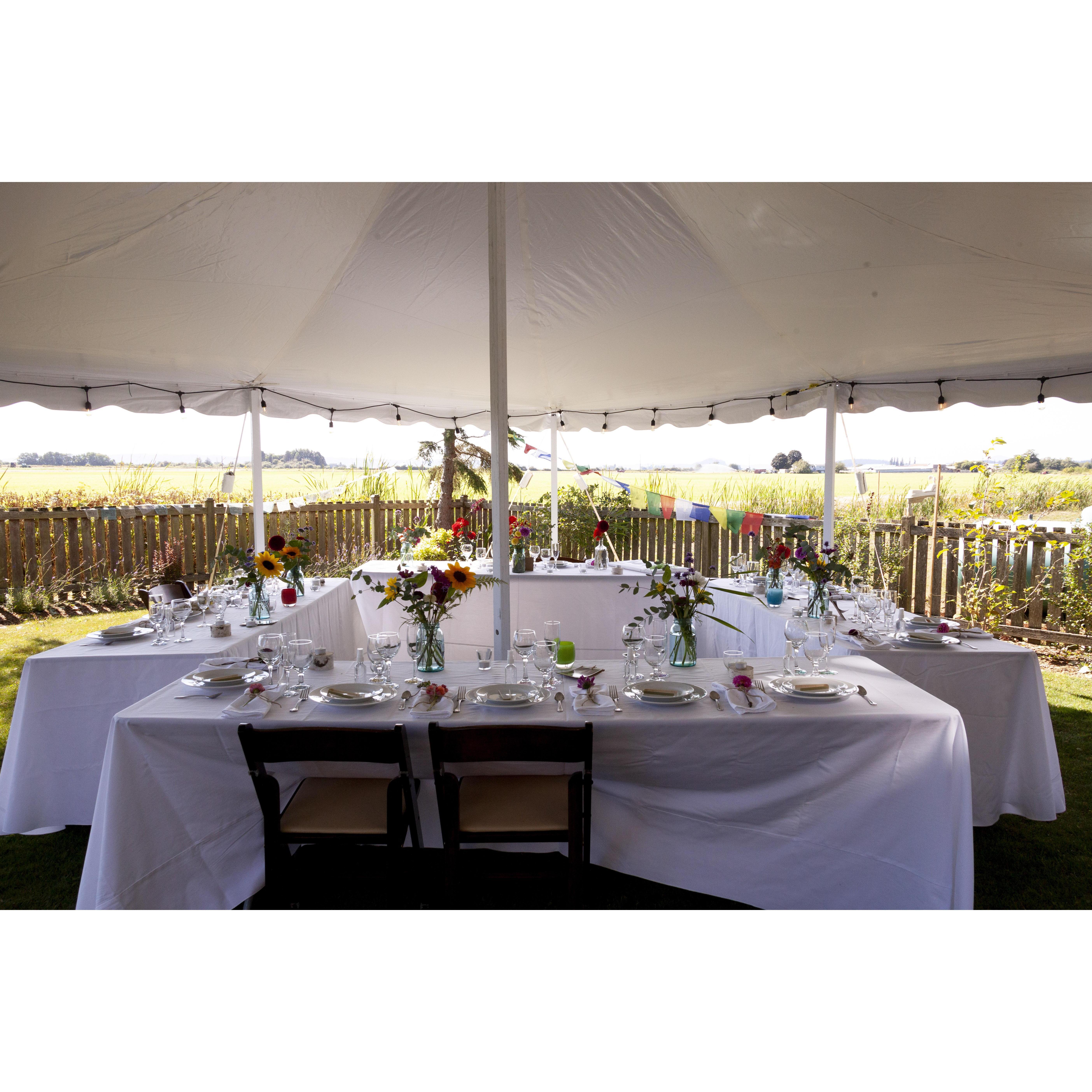 A tent was set up in the backyard with appropriately  distanced tables for a post-wedding dinner.