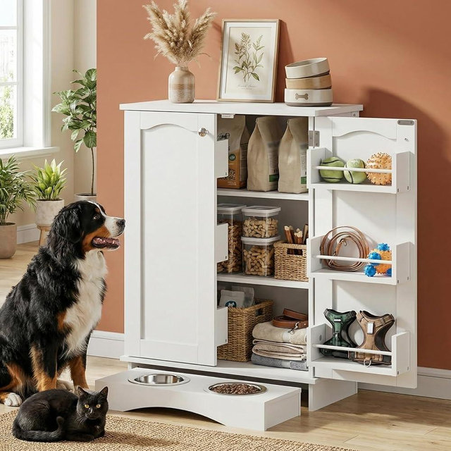 Furnivio Dog Storage Cabinet with Bowls, Pet Food Storage Cabinet with Adjustable Shelves, Hidden Dog Feeding Station with Hooks, Letter Stickers, Pet Storage Organizer for Cats and Dogs, White
