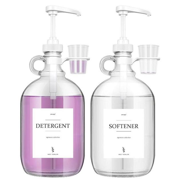 2 Pcs Glass Liquid Laundry Detergent Dispenser with Cup Holders, Half Gallon Dispenser for Laundry Room (64 oz. Each), Laundry Detergent Bottles with Pump Dispenser -Includes Labels, Measuring Cups