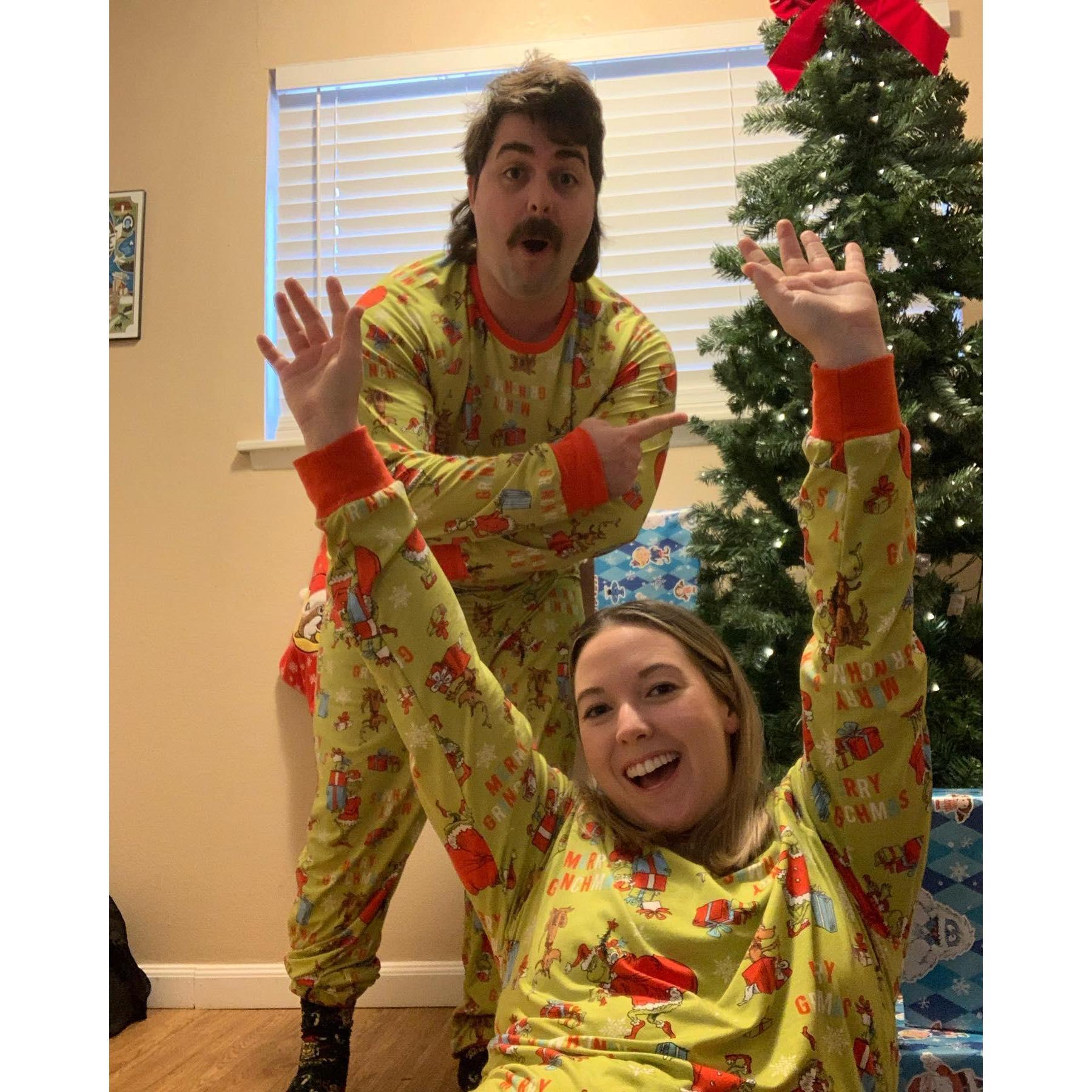 Our first Christmas in Austin 2022! Matching Grinch Jammies, of course.