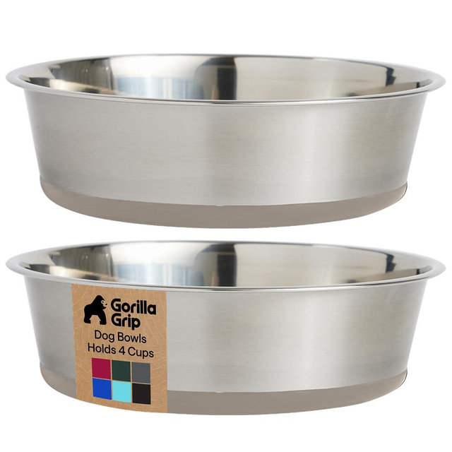 GORILLA GRIP Dog Bowls, Food Grade 304 Stainless Steel, Holds 4 Cups Each (32 fl oz) Food and Water Bowl for Feeding Dogs and Cats, Dishwasher Safe, Rust Resistant, BPA Free Rubber Base Set of 2 Beige