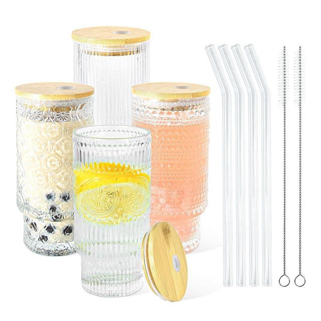 Icesip 16oz Drinking Glasses Cups Set of 4 with Bamboo Lids Straws Brush Vintage Glassware Set for Mojito Iced Coffee Beer Cocktail Whiskey(Mixed)