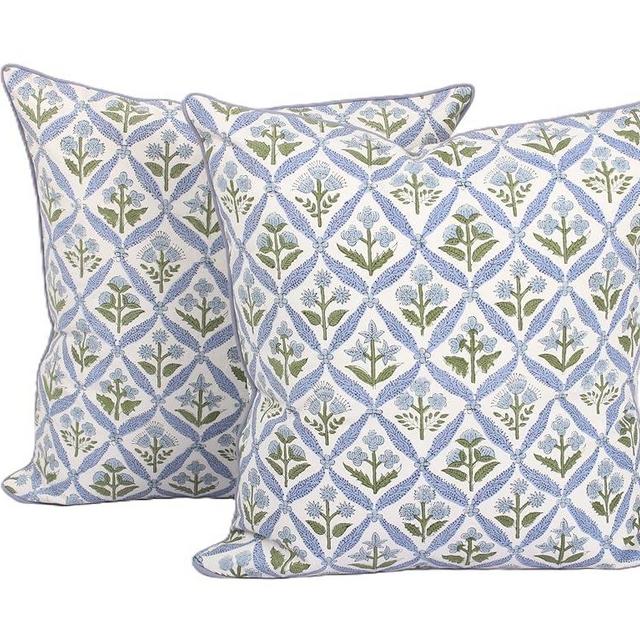 Ridhi Light Steel Blue Block Print Cotton Throw Pillow Covers for Decorative Couch Pillows for Living Room, Chic Boho Cute Outdoor Valentine Pillows Covers Gifts 18x18 Inches