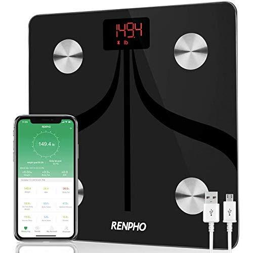 RENPHO Body Fat Scale Weight Bathroom Smart Digital Bluetooth Scale USB Rechargeable with Smartphone App , Body Composition Monitor for Body Fat, BMI, Bone Mass, Weight, 396 lbs Black