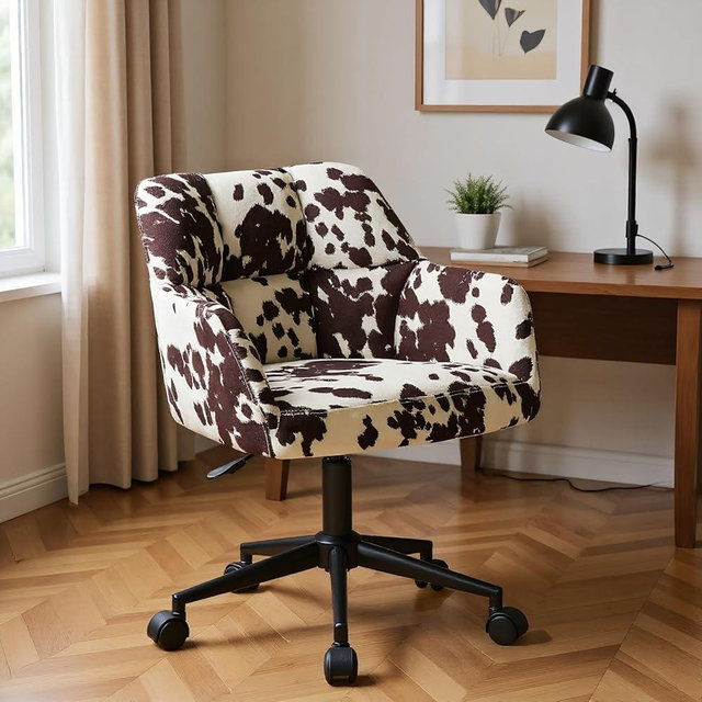 VESCASA Adjustable Home Office Desk Chair with Comfy Back, Linen 360 Swivel Upholstered Task Armchair with Wheels for Teens Bedroom/Living Room, Cowhide Print