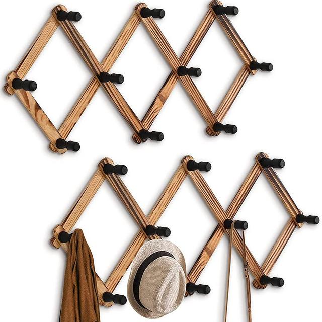 WGFKVAS Expandable Coat Rack 2pcs, Wooden Wall Mounted Hat Rack, Accordion Wall Hangers Hat Hooks for Keys, Hat, Jackets, Coffee Mug, Purses, Necklaces, Towels, Cap, Leash, Scarves, Kitchenware, Bag