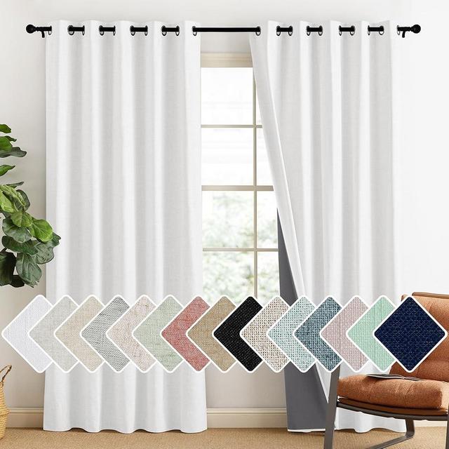 NICETOWN 100% Absolutely Blackout Linen Curtains with Thermal Insulated Liner, Greyish White, 62" Wide, 84" Length Energy Saving Curtains for Living Room 2 Panels Set, Vertical Blinds