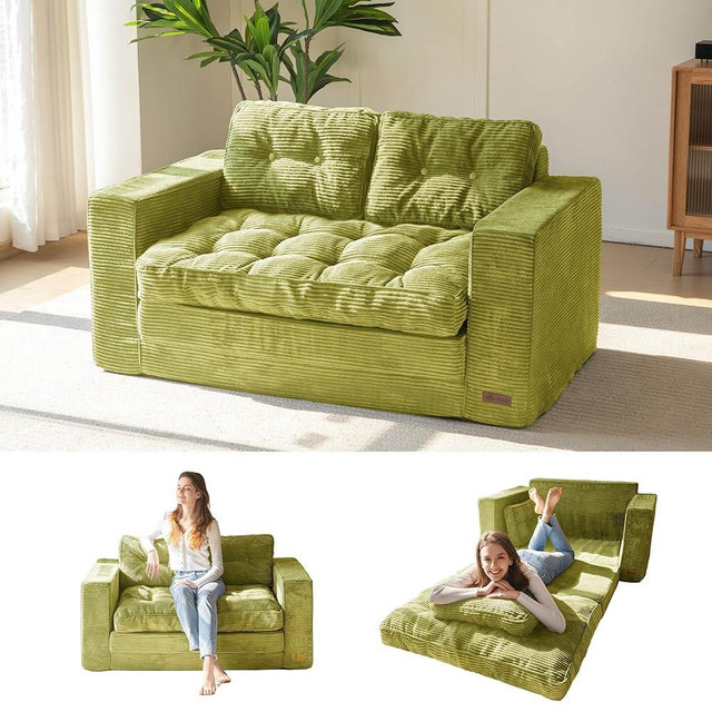 MAXYOYO Convertible Sofa Bed, Pull Out Loveseat Sleeper Sofa, 2 in 1 Folding Couch Bed, Fold Out Floor Couch with Pillows for Living Room Bedroom Lounge, Green