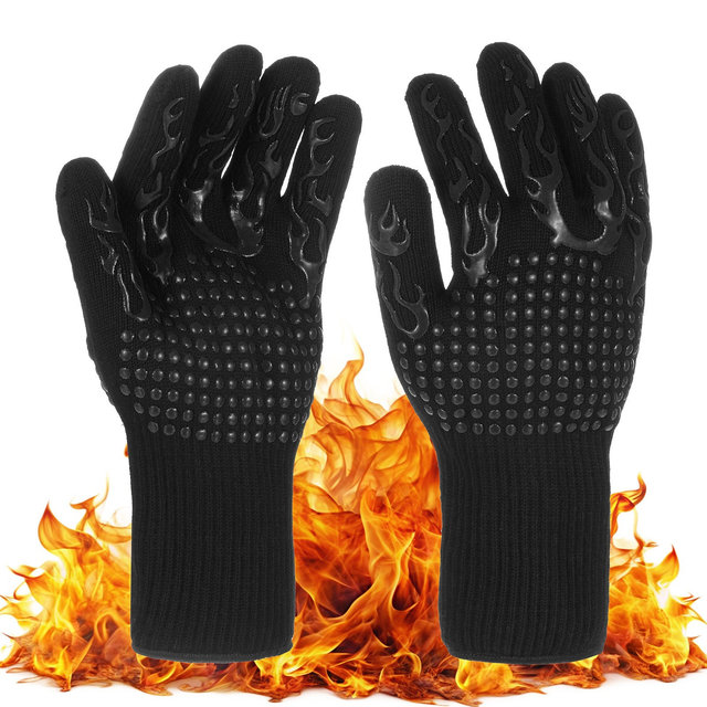 Unique Bargains Silicone Heat Resistant Fireproof Grilling Gloves 1 Set Black