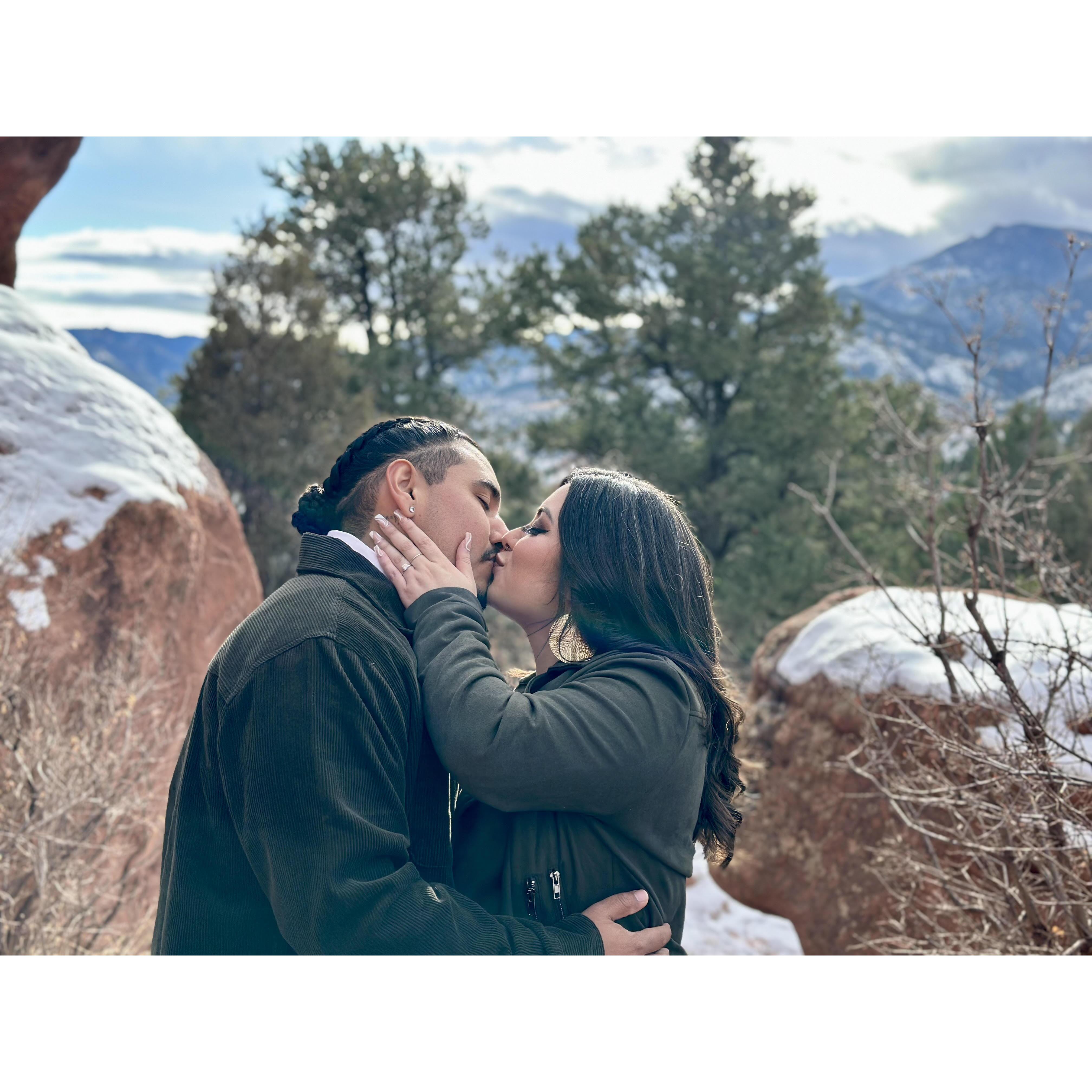 Our favorite engagement photo at Garden of The Gods National Park in Colorado.