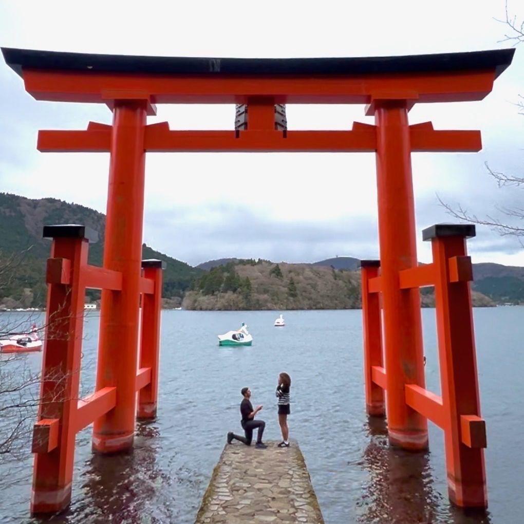 When Eric proposed at the Torii Gate of Peace in Hakone, Japan
