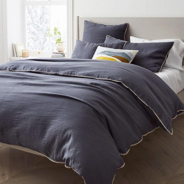 European Flax Linen Pom Pom Duvet, Full/Queen Set, Graphite