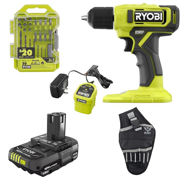 Ryobi ONE+ 18V Cordless 3/8 in. Drill/Driver Kit with 1.5 Ah Battery, Charger, Drive Kit, and Buho Holster