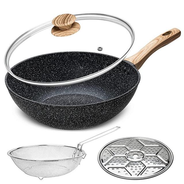 Wok and Stir Fry Pan with Lid, Wok Pan with Lid Nonstick, Deep Frying Pan with Ergonomic Handle, Flat Bottom Wok 5.2 Quart, Nonstick Wok with Frying Basket & Steam Rack, Wok for Induction Cooktop