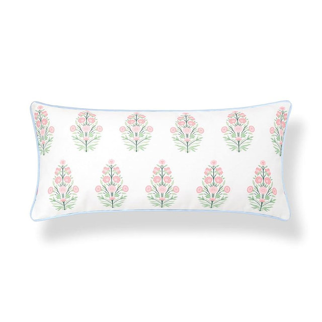 Hofdeco Premium Coastal Grandmillennial Patio Indoor Outdoor Lumbar Pillow Cover Only, 12"x26" Water Repellent for Backyard, Couch, Poolside, Pink Green Print Flower