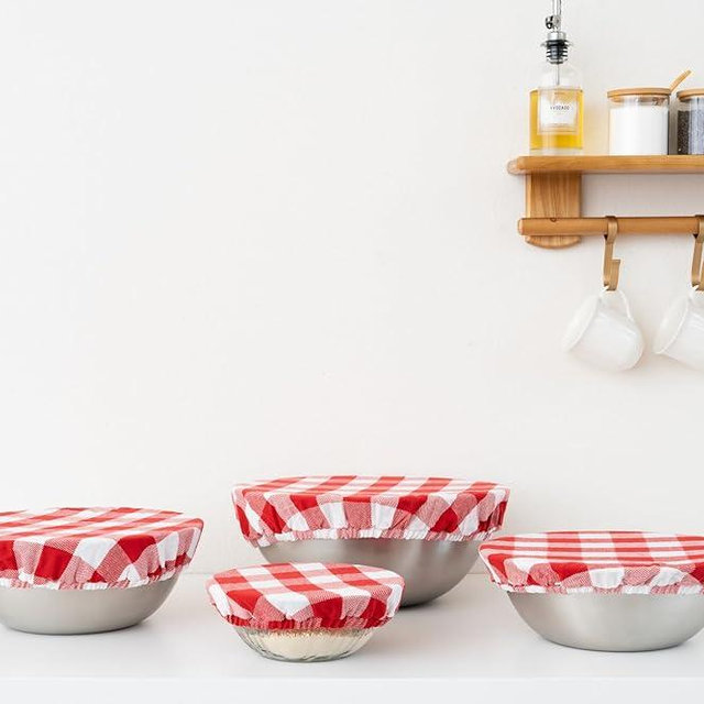 Reusable Cotton Red Bowl Covers - 100% Cotton Fabric Bowl Covers Set to Cover Fruits, Vegetables and Regulate Moisture - Elastic Closure for Salads, Bread & Leftovers (Red Plaid, 2XL, 2L, 2M, 2S)