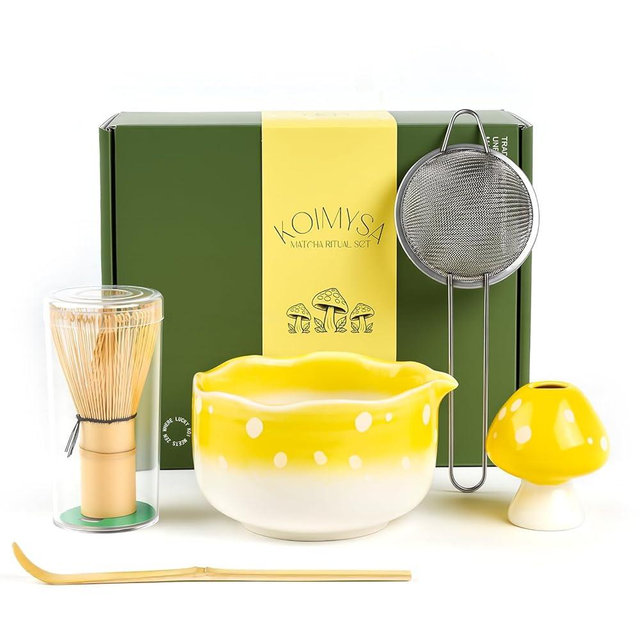 KOIMYSA Matcha Whisk Making Kit Set With Mushroom Design Ceramic Bowl And Bamboo Set For Japanese Matcha Tea Ceremony, Yellow