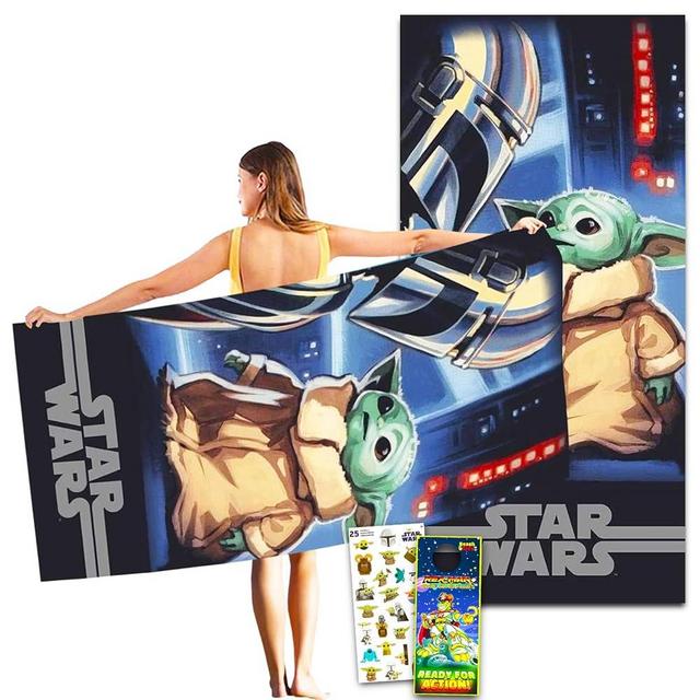 Star Wars Mandalorian Bath Pool Beach Towel Set - 40" x 72" Giant Baby Yoda Towel with Stickers, More | Mandalorian Yoda Bathroom Decor