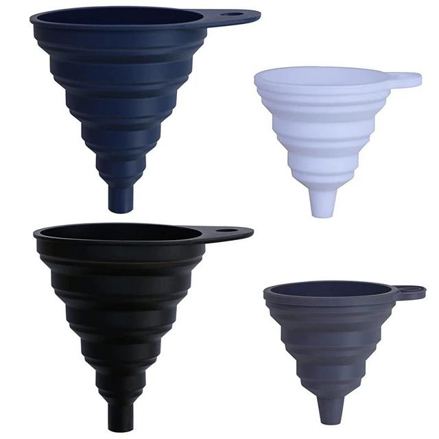 KongNai Silicone Collapsible Funnel Set of 4, Small and Large, Kitchen Gadgets Accessories Foldable Funnel for Water Bottle Liquid Transfer Food Grade (Black, Grey, Blue, White 4Pack)