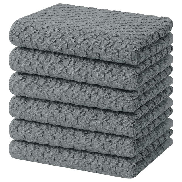 Homaxy 100% Cotton Terry Kitchen Towels(15" x 25", 6 Pack), Soft and Super Absorbent Dish Towels, 380 GSM Reusable Tea Towel with Hanging Loop, Pineapple Grid Designed, Dark Grey