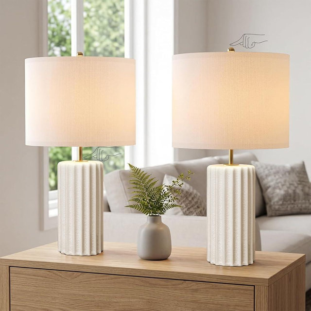 Lumspax 21" Modern Ceramic Table Lamp Set of 2 for Bedroom, Touch Control White Desk Lamps for Living Room, Farmhouse Bedside Lamps for Nightstand, End Table Lamps for Dorm Beige, Bulbs Not Included
