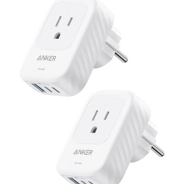 2 Pack Anker Travel Adapter, 15W Max with 2 AC, 2 USB-C, and 1 USB-A Port, USA to Europe International Plug Adapter, Ideal for iPhone 15, iPad Air, and More, Compact for Travel, Cruise (TUV Listed)