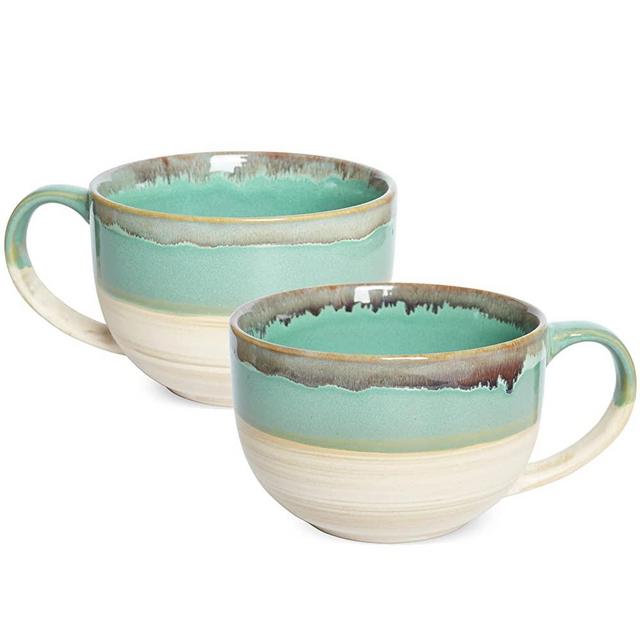 Bosmarlin Ceramic Jumbo Coffee Mug Set of 2, 23 Oz, Large Mug Soup Bowls with Handles, Dishwasher and Microwave Safe (Green)